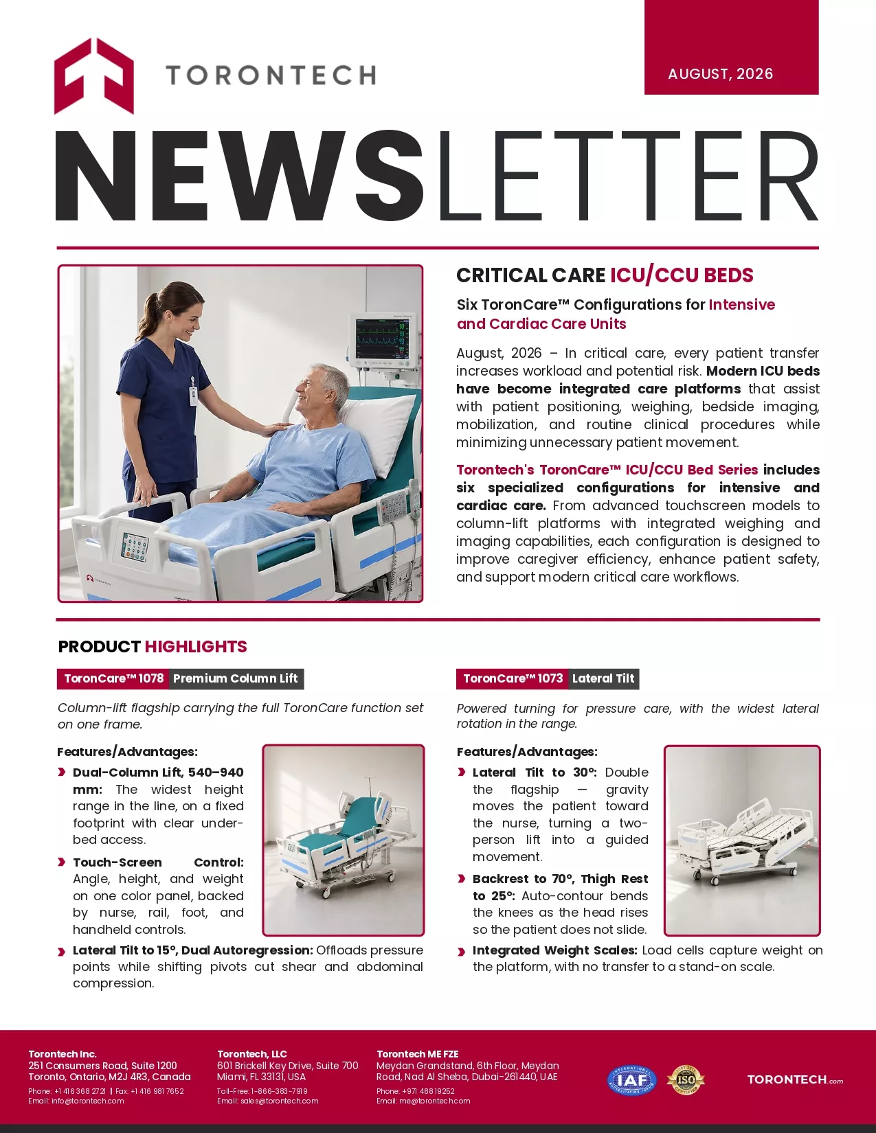 Critical Care ICU/CCU Beds: Six ToronCare™ Configurations for Intensive and Cardiac Care Units